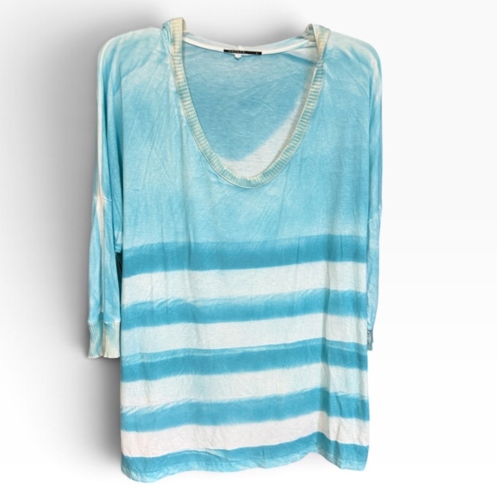 Capote Hooded Top Womens L Blue White Tie Dye Stripe V-Neck Beachy Boho Hi Lo